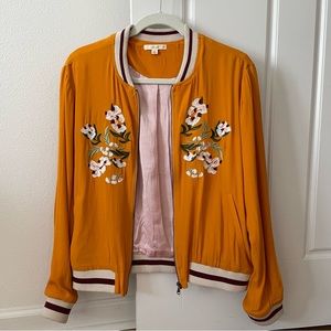 Silky floral embroidered bomber jacket, casual yellow orange lightweight jacket